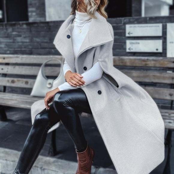 GREY button double breast vest trench pea coat - Picture 7 of 8